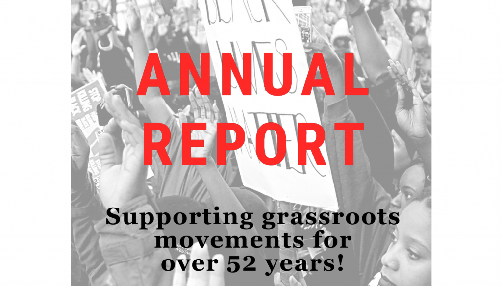 Cover of Resist's 2020 Annual Report - background: Black and White image of a Black Lives Matter protest with people holding up their hands in the air